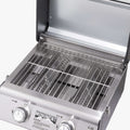 Load image into Gallery viewer, Looking down into the open grill at stainless grates and two burner tubes