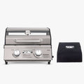 Load image into Gallery viewer, Stainless tabletop grill with a window lid next to a black Monument grill cover