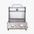 Load image into Gallery viewer, Straight-on view of the open grill showing the lid's window, thermometer and stainless grates