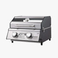 Load image into Gallery viewer, Angled view of the G22 grill with black side panels, the window in the lid, a thermometer and a side latch