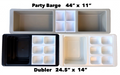 Load image into Gallery viewer, Overhead size comparison: 44 x 11 inch Party Barge above two 24.5 x 14 inch Dublers, one black, one white, with trays