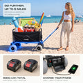 Load image into Gallery viewer, Woman pulling the loaded wagon on a beach; insets show two 4000mAh batteries and a phone charging from the battery box