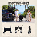Load image into Gallery viewer, Man beside an open SUV trunk with the folded wagon standing upright, plus three steps showing it open, folding and folded