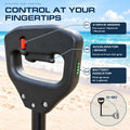 Load image into Gallery viewer, Close-up of the wagon's handle grip with a red direction switch, thumb throttle and green battery-level lights