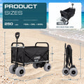 Load image into Gallery viewer, Diagram of the wagon on sand with measurements, the folded wagon standing upright, and the rear panel opened for extra room