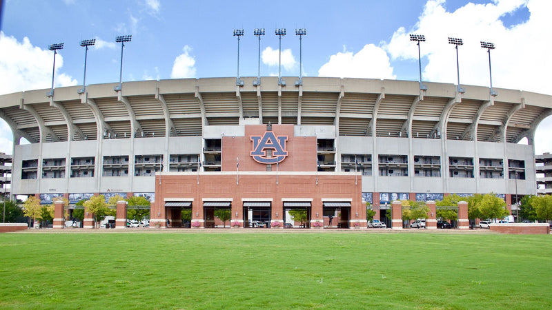 The brick entrance and stands of Jordan-Hare Stadium in Auburn, Alabama