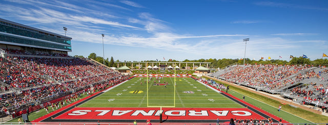 Scheumann Stadium in Muncie during a sunny Ball State game, seen from the east stands toward the press box