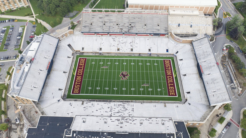 Aerial view of Alumni Stadium on the Boston College campus in Chestnut Hill