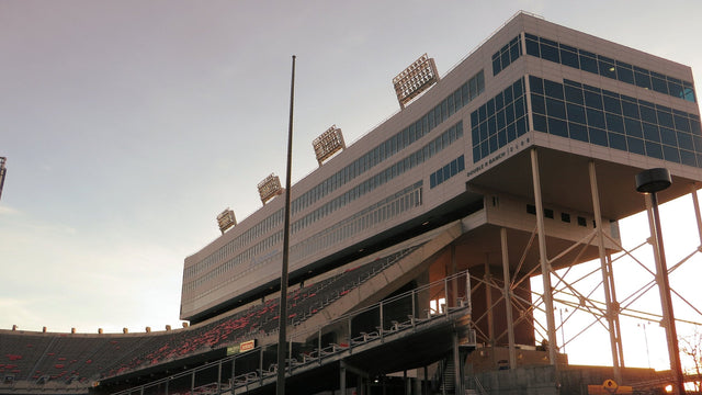 The Stueckle Sky Center rising over the west side of Albertsons Stadium at Boise State University