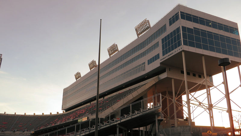 The Stueckle Sky Center rising over the west side of Albertsons Stadium at Boise State University