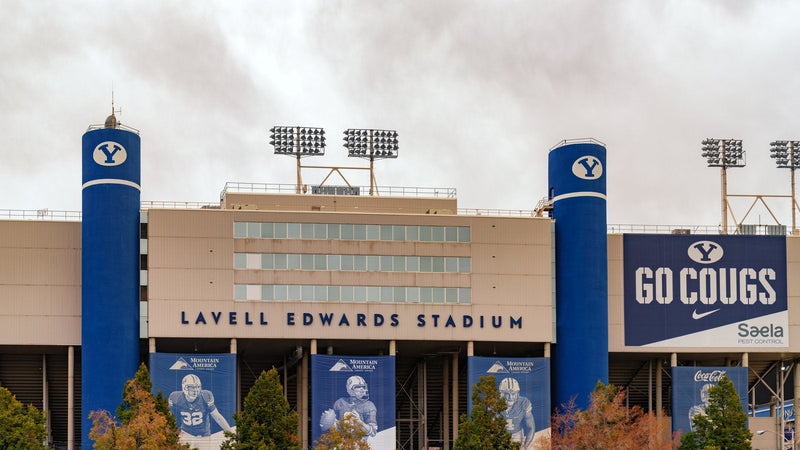 The west side of LaVell Edwards Stadium in Provo, Utah, with its blue towers
