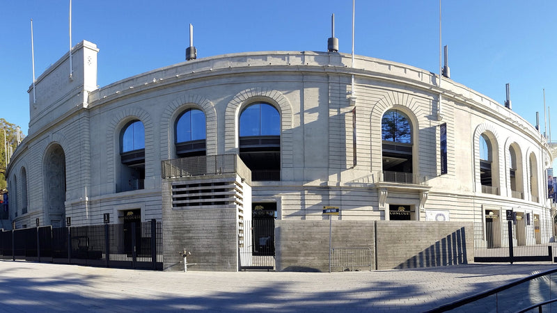 The arched neoclassical exterior of California Memorial Stadium in Berkeley