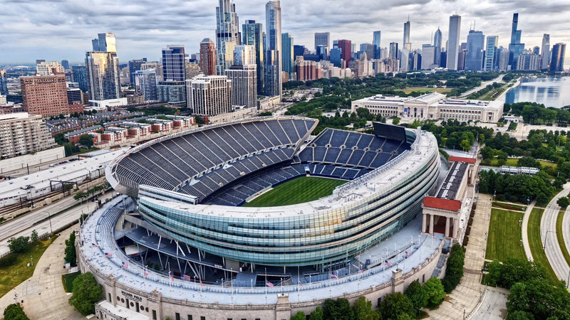Soldier Field on the Chicago lakefront, with the Field Museum and the skyline behind it