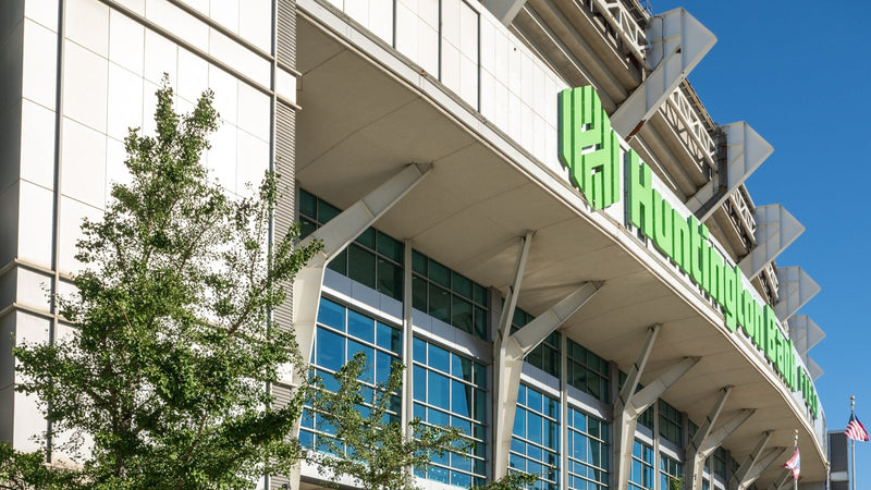 The Huntington Bank Field sign on the stadium facade in Cleveland, Ohio