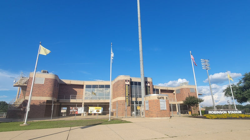 Gate 2 and the home-side exterior of Eddie G. Robinson Memorial Stadium in Grambling, Louisiana
