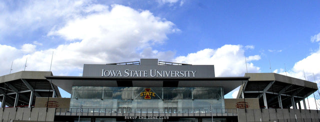 The south end zone of Jack Trice Stadium in Ames under a blue sky