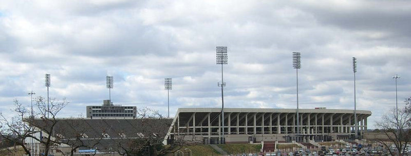 Mississippi Veterans Memorial Stadium in Jackson, Mississippi, with its parking lots in front