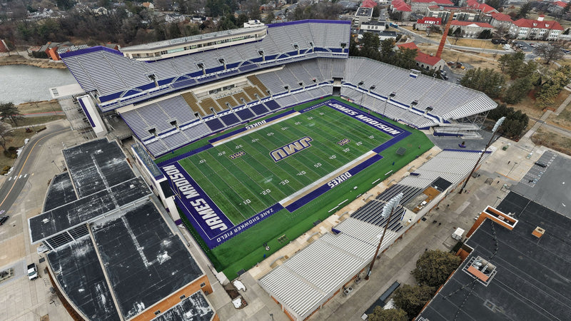 Aerial view of Bridgeforth Stadium on the James Madison University campus in Harrisonburg