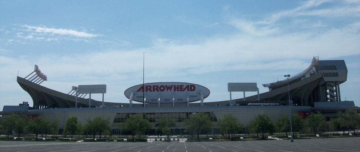Arrowhead Stadium in Kansas City, seen across an empty parking lot