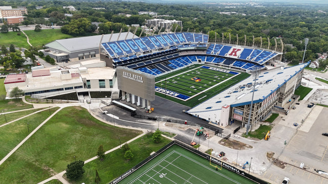 Aerial view of David Booth Kansas Memorial Stadium in Lawrence, Kansas, in August 2025