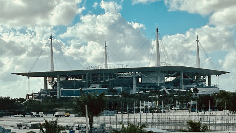 Hard Rock Stadium in Miami Gardens, Florida, seen across the parking lots