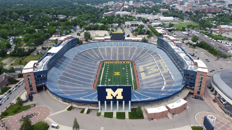 Michigan Stadium from the air, with Crisler Center beside it