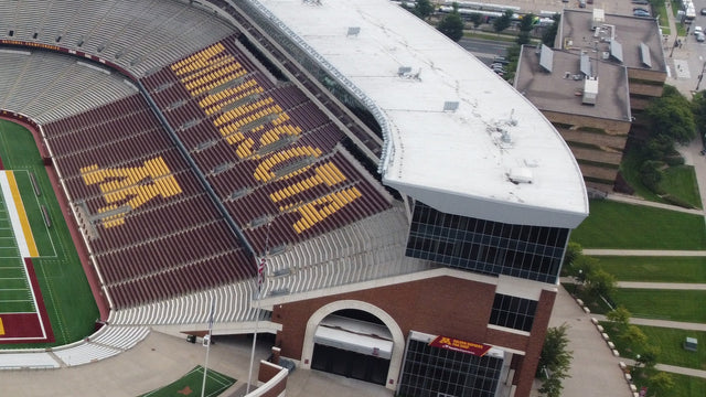Aerial view of the east side of Huntington Bank Stadium in Minneapolis