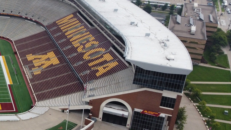 Aerial view of the east side of Huntington Bank Stadium in Minneapolis