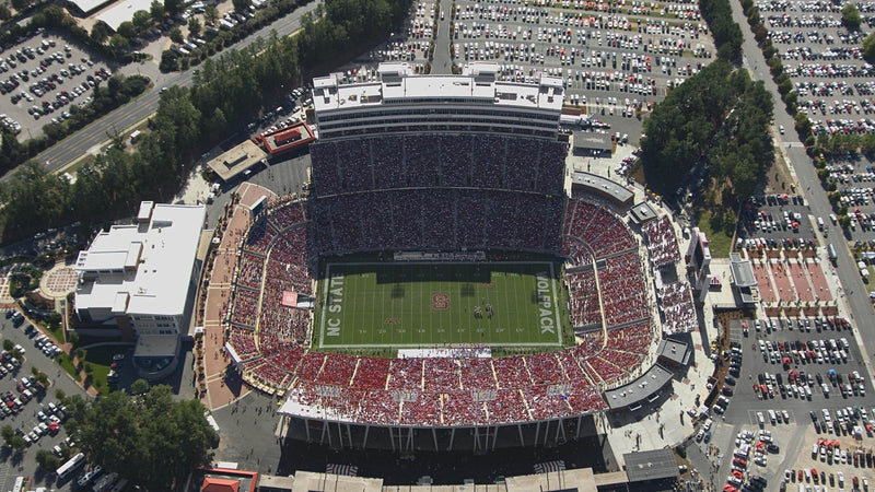 Carter-Finley Stadium in Raleigh from above on a game day, with the lots full
