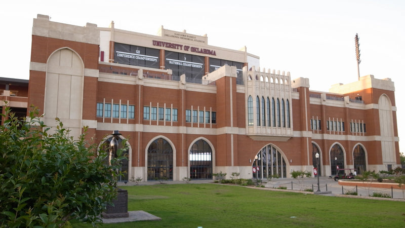 The brick facade of Gaylord Family-Oklahoma Memorial Stadium in Norman