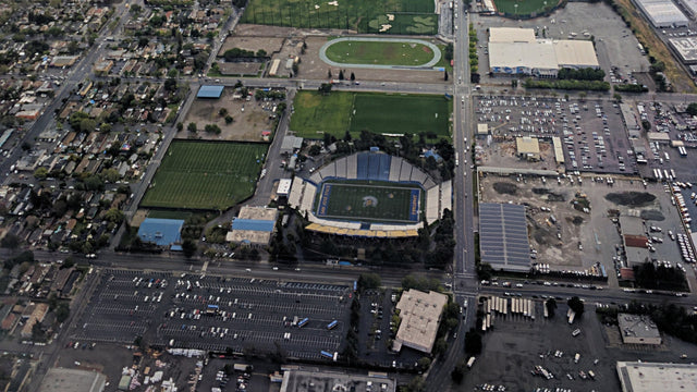 Aerial view of CEFCU Stadium on San Jose State's South Campus, with the parking lots across the street
