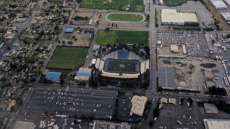 Aerial view of CEFCU Stadium on San Jose State's South Campus, with the parking lots across the street