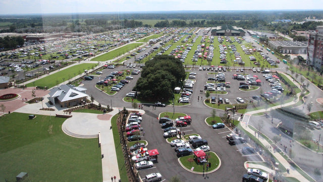 Gamecock Park and the Garnet Way filled with tailgates, seen from Williams-Brice Stadium