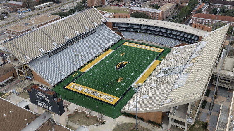 Aerial view of M.M. Roberts Stadium on the Southern Miss campus in Hattiesburg, Mississippi