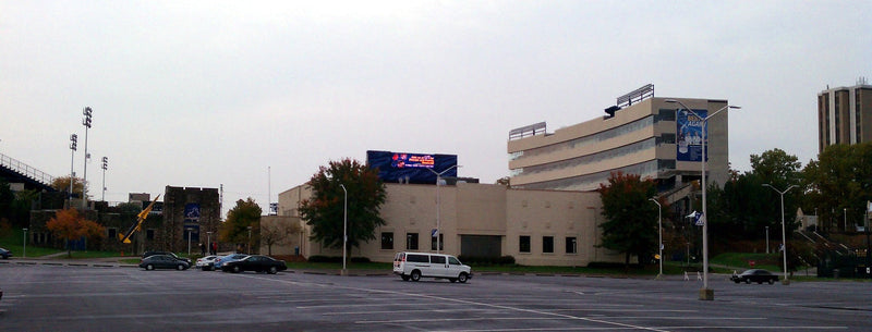 The north end of the Glass Bowl at the University of Toledo, seen across an empty parking lot