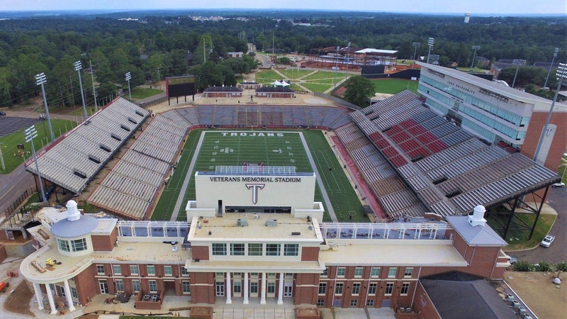 Aerial view of Veterans Memorial Stadium in Troy, Alabama, from above the north end zone building
