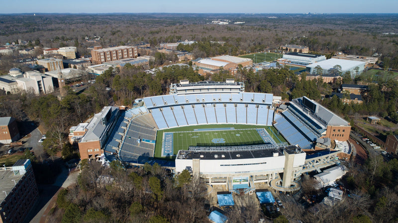 Aerial view of Kenan Stadium and the UNC campus in Chapel Hill, North Carolina