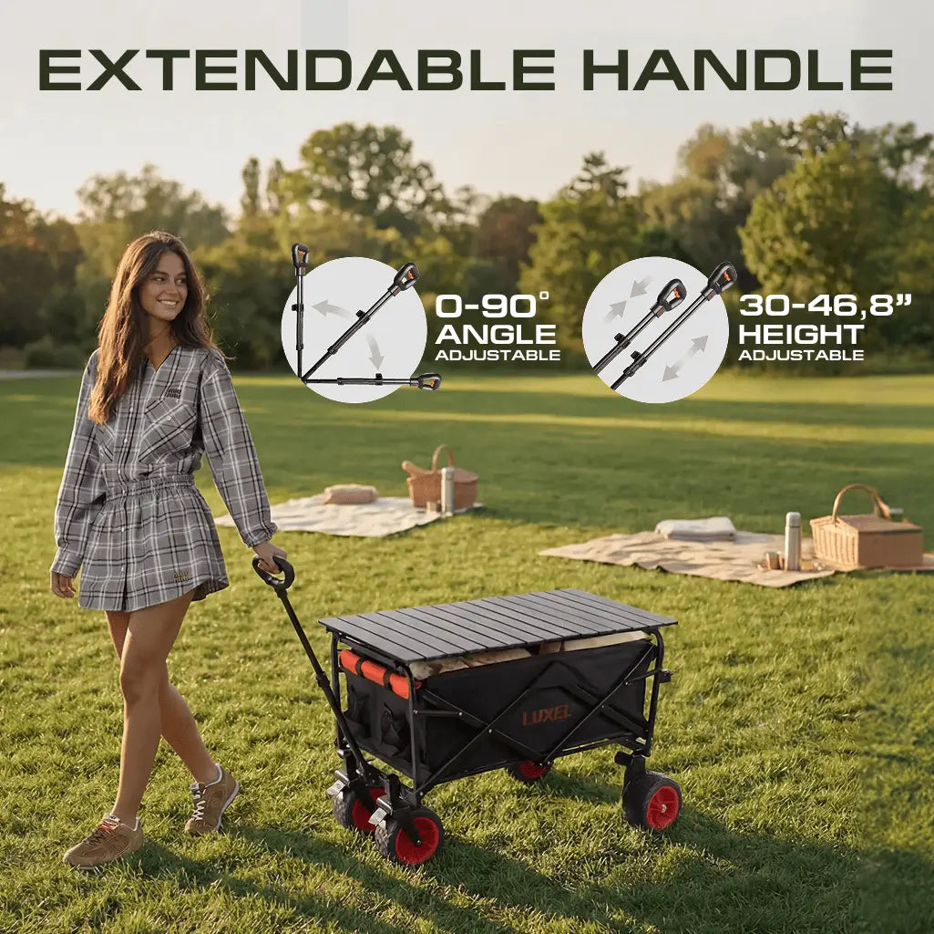 Woman pulling a motorized tabletop wagon across a grassy park
