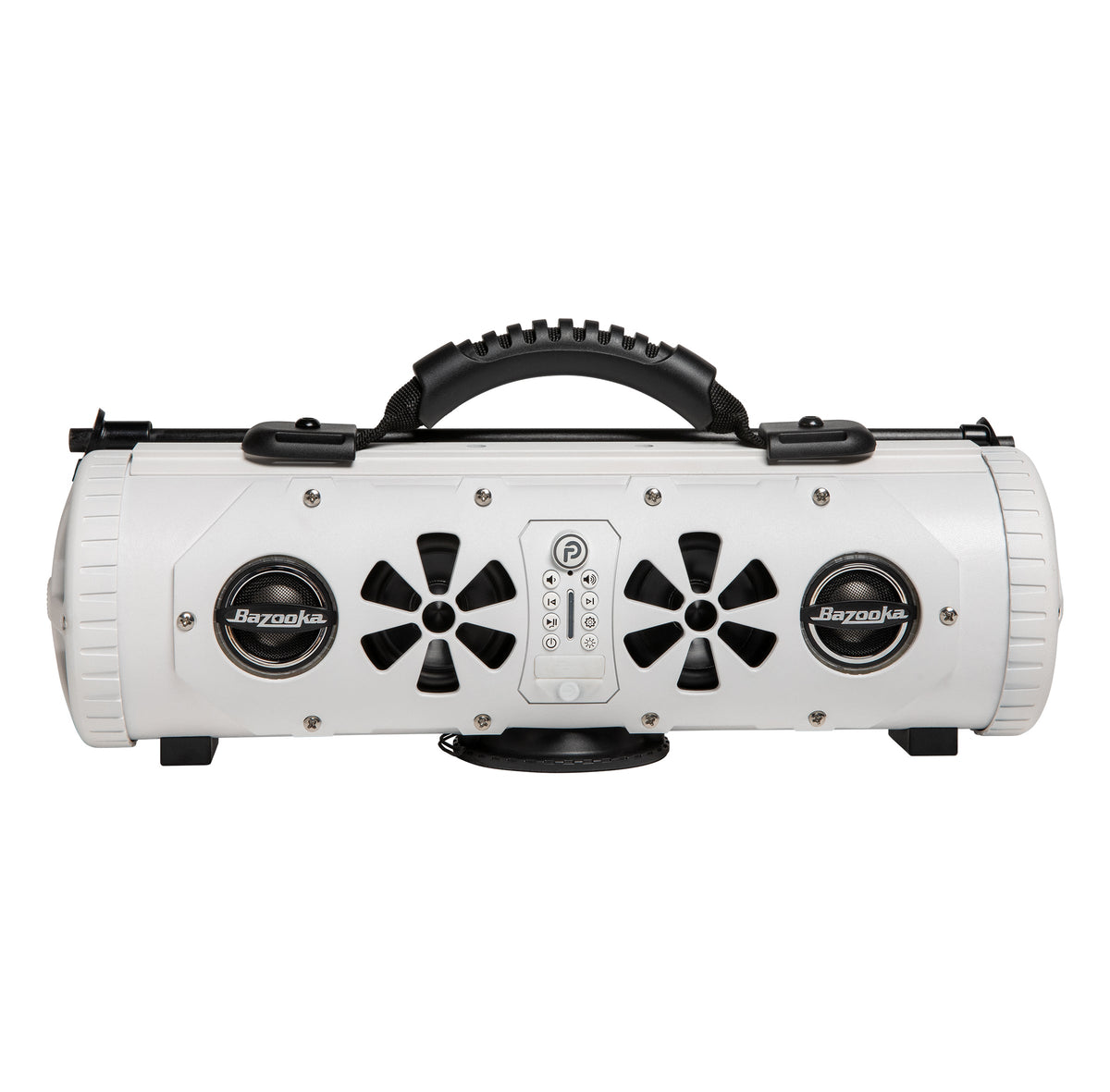 Front of the white Party Bar MINI showing two woofers and two tweeters
