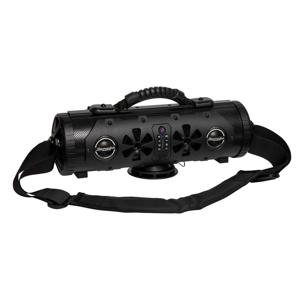 Black Bazooka Party Bar MINI tube speaker with a carry handle and shoulder strap