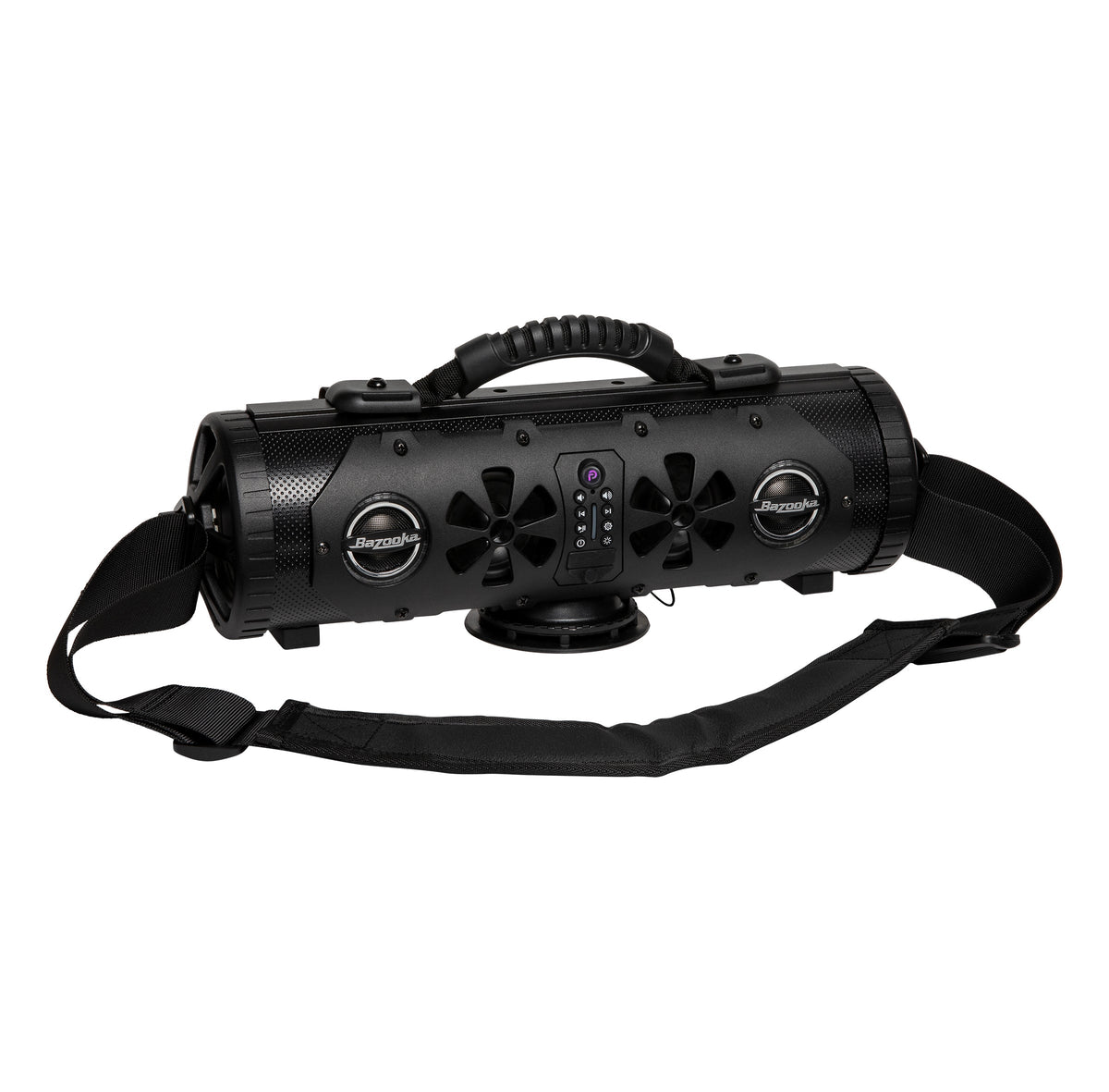 Black Bazooka Party Bar MINI tube speaker with a carry handle and shoulder strap