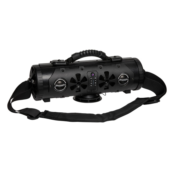 Black Bazooka Party Bar MINI tube speaker with a carry handle and shoulder strap