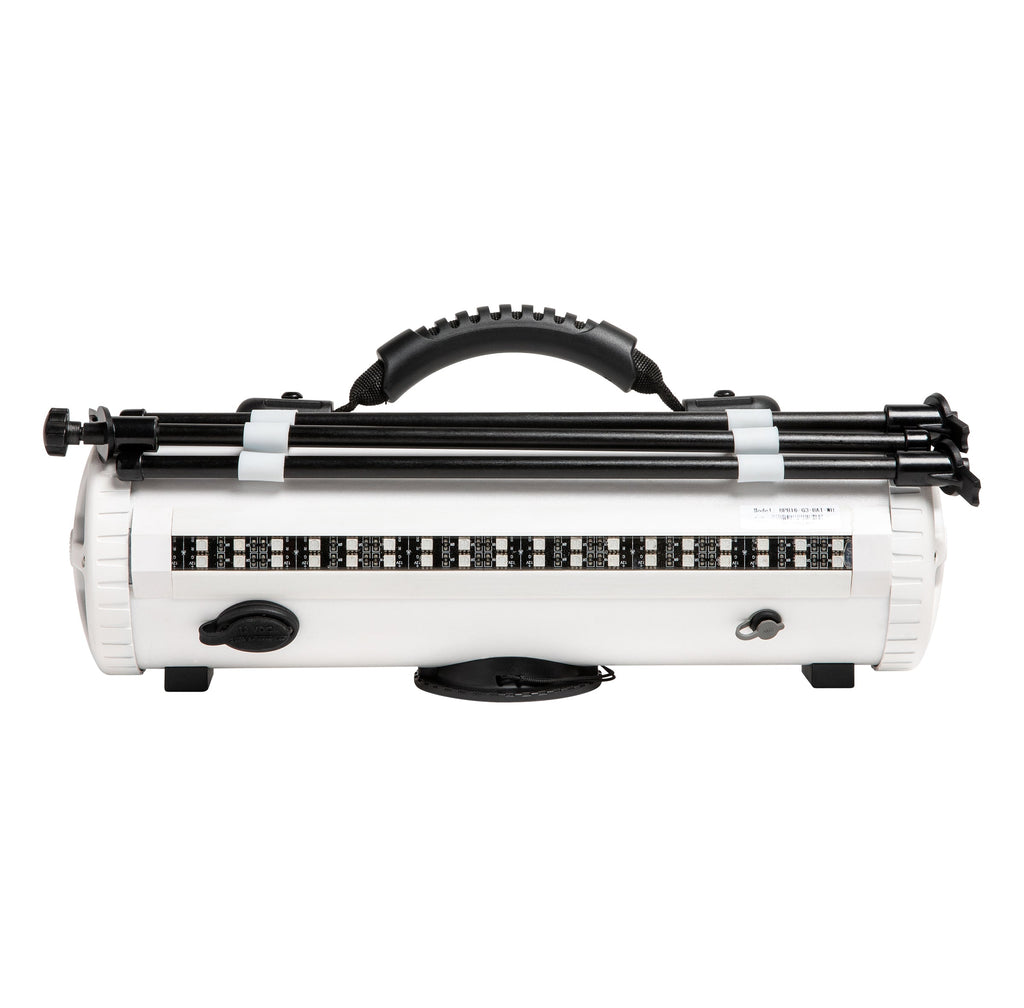 Back of the white Party Bar MINI with the tripod legs stowed on top and the LED light strip