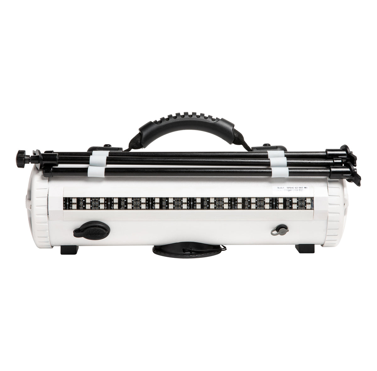 Back of the white Party Bar MINI with the tripod legs stowed on top and the LED light strip