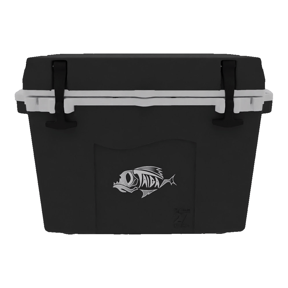 Small black hard cooler with a white rim and silver fish logo, straight on from the front