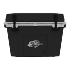 Small black hard cooler with a white rim and silver fish logo, straight on from the front
