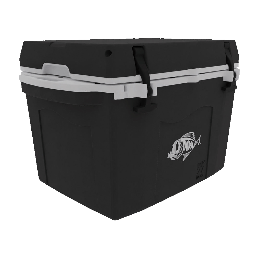 Small black hard cooler with a white rim and fish logo, from the other front corner