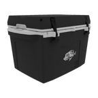 Small black hard cooler with a white rim and fish logo, from the other front corner