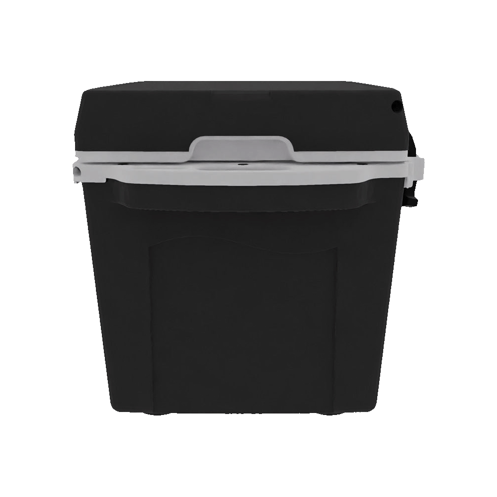 End of the small black hard cooler showing a side handle