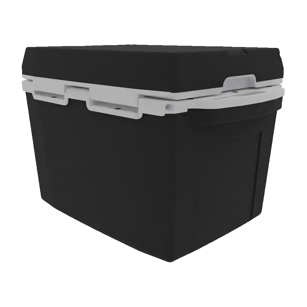 Small black hard cooler from the back corner, showing the lid hinges